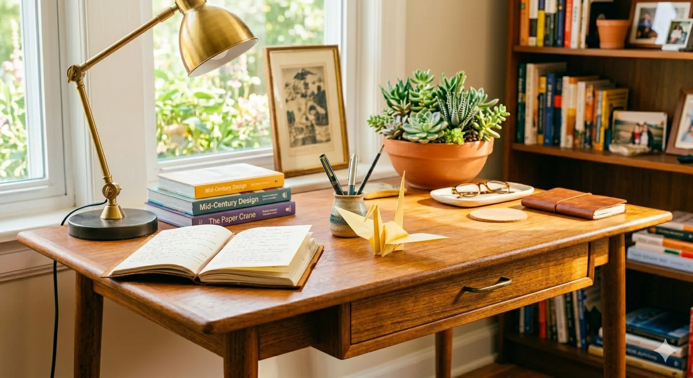 A warm therapy workspace at Paper Crane Wellness — wooden desk with a paper crane, books, and plants in natural light
